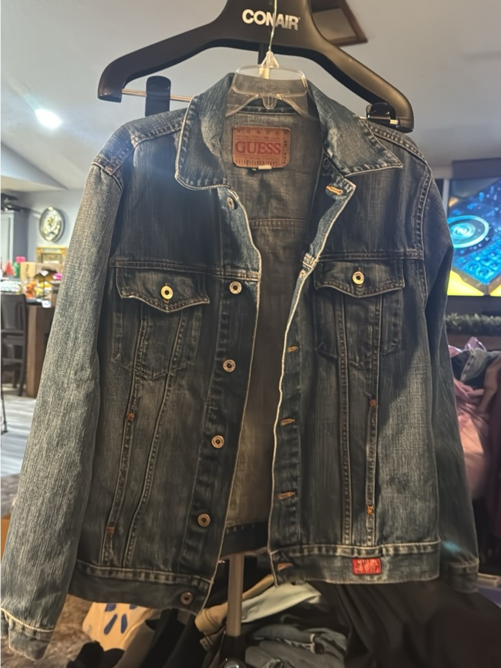 1090’s vintage GUESS Men's Dark Blue Washed Denim Jacket - Button Front Trucker
